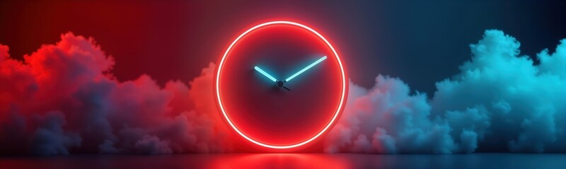 Poster - Neon glowing clock against dark background. Modern minimalist design. Vivid colors create eye-catching graphic element perfect for various applications like tech marketing. Trendy style. Sleek