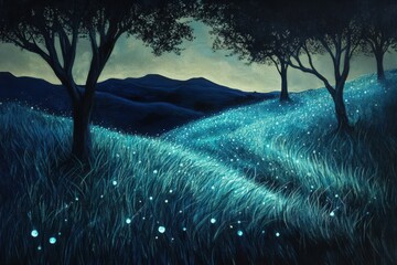 Canvas Print - Nighttime Hillside Meadow Glowing With Fireflies