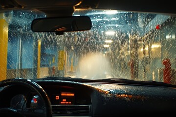 Canvas Print - Automatic Car Wash Interior Night View Water Spray