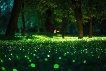 Canvas Print - Illuminated Grass In A Dark Forest At Night