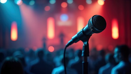 Aufkleber - Closeup microphone on stage in small concert hall. Audience in blurry background enjoying concert. Vivid vibrant lights and music. Event. Entertainment. Night.