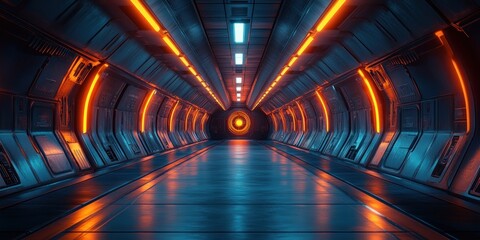 Aufkleber - Futuristic Industrial Minimalist Space with Neon Lighting and Dramatic Shadows in Concrete Corridor and Warehouse Interior