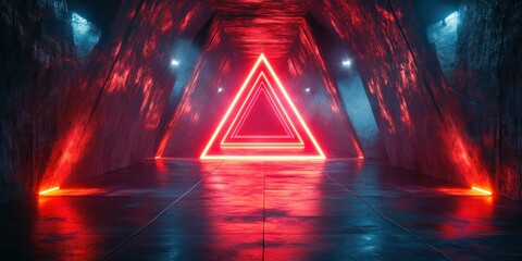 Poster - Vibrant Neon Tunnel Corridor with Glowing Triangle Lights Abstract Cyberpunk Architecture