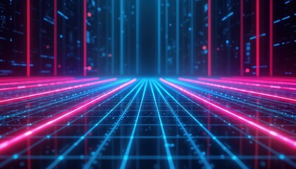 Aufkleber - Futuristic tech background. Neon glow blue, purple grid lines create perspective. Cyber space virtual reality concept. Abstract design. Dynamic lines, glowing lights. Modern illustration. Perfect for