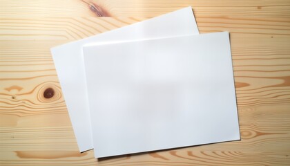 Aufkleber - Two blank white sheets of paper rest on light brown wooden table. Empty space suggests template for design document. Clean simple business presentation. Versatile layout for cards brochures