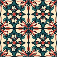 Poster - Colorful geometric pattern with floral motifs in traditional design style from a diverse cultural background. Generative AI