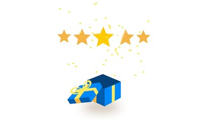 Blue Gift Box pops 5 stars icon with confetti animation. Isolated on white background. Suitable for Giveaway, Rating, Feedback and Rewards from store and company.