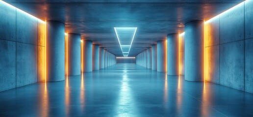 Fototapete - Futuristic Industrial Corridor with Concrete Pillars and Metallic Floor in Minimalist Architecture