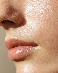 Wall Mural - Closeup Shot of Woman's Face, Glowing Skin, Full Lips