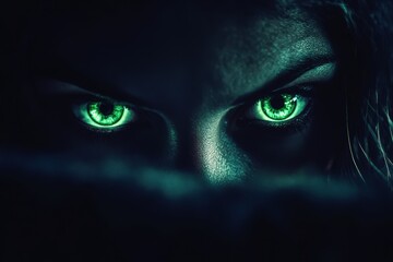 Poster - Glowing Green Eyes Intense Gaze Mysterious Woman