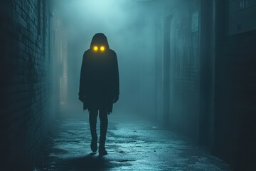 Wall Mural - Mysterious hooded figure walks down a foggy alleyway at night