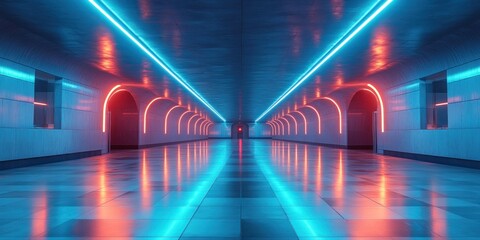 Fototapete - Futuristic Underground Neon Blue Corridor Minimalistic Cyberpunk Stage 3D Rendering Sci Fi Background