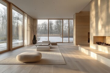 Poster - Serene Scandinavian Modern Minimalist Room with Wooden Floor and Large Windows Overlooking Tropical Garden