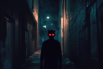 Wall Mural - Silhouetted Figure with Red Eyes Walks a Dark Alleyway