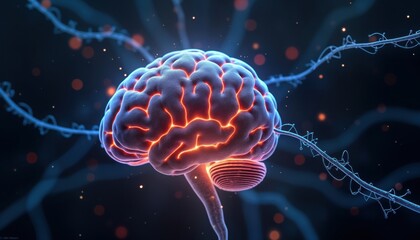 Aufkleber - Glowing brain with bright neural connections on dark background. Neural activity, AI concept. Brain imagery. Tech illustration for scientific business purposes. Futuristic design. Abstract