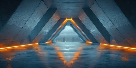 Leinwandbilder - Futuristic Minimalistic Interior Space with Geometric Lines and Metallic Textures Bright LED Light Depth Perspective