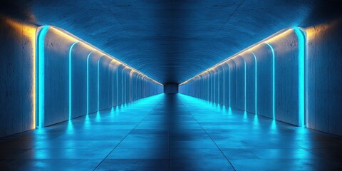 Poster - Futuristic Underground Corridor with Glowing Blue Neon Lights and Sleek Concrete Walls