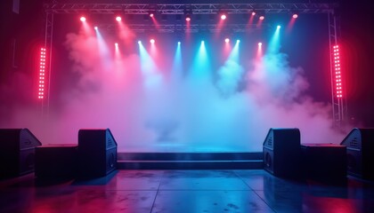 Aufkleber - Empty stage lit by vibrant pink, blue spotlights. Fog smoke creates dramatic ambiance. Modern audio equipment placed on stage. Captivating design for music events parties. Ideal for concert tech
