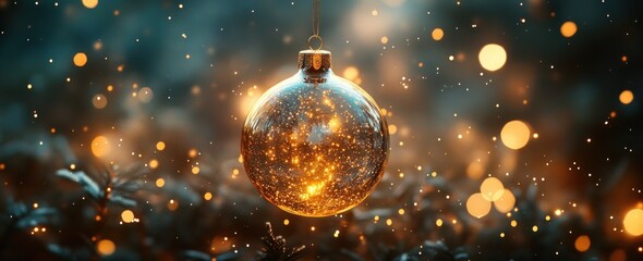 Aufkleber - Christmas Snow Globe Hanging in Starry Night with Blue Abstract Background and Soft Bokeh Effect
