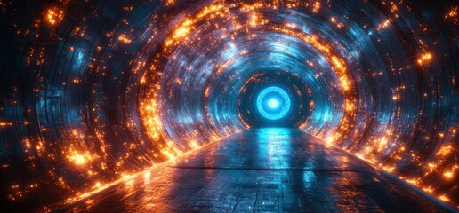 Poster - Futuristic Cyberpunk Tunnel with Neon Lights and Concrete Structure in 3D Rendered Industrial Environment