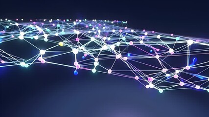 Poster - vibrant digital network glowing nodes and connections creating dynamic pathways in swirling landscap