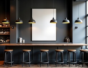 Poster - Empty white poster in dark loft bar interior. Wooden bar counter with dark gray bar stools. Modern industrial style. Great for restaurant bar design. Blank poster provides copy space. Ideal for