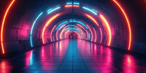 Poster - Cyberpunk Neon Tunnel Corridor with Glowing Arcs Fluorescent Lights Abstract 3D Rendered Space Modern Futuristic Industrial Stage Background