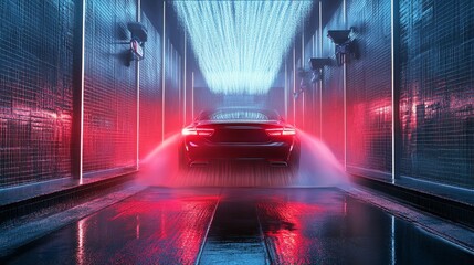 Wall Mural - Futuristic Car Wash Tunnel with Red and Blue Lighting