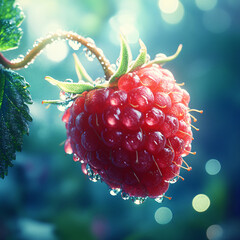 Wall Mural - vibrant red raspberry with dew drops in lush green foliage