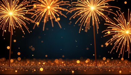 Poster - Golden fireworks sparkle against dark background with glitter. Bright glistering effect. Party celebration mood. Festive, celebratory image. Suitable for holiday special occasion. Golden sparks