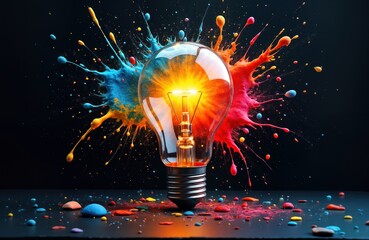 Poster - Creative light bulb explodes with colorful paint splashes. Bright idea bursts with vibrant colors. Innovation, creativity concept. Abstract image. Modern design. Wallpaper. Business solution. Energy,