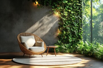Aufkleber - Minimalist interior design with wooden wall and vines in warm light cozy armchair and small table Scandinavian aesthetics