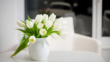 Poster - White tulips in a sleek white vase on a minimalist table, set against a softly blurred window, evoking serenity and style