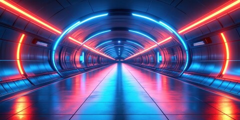 Poster - Futuristic Cyberpunk Neon Corridor Electric Blue Tunnel with Metallic Surfaces and Reflective Floors