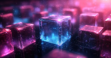 Poster - Futuristic Abstract Scene with Neon Illuminated Floating Cubes on Black Background 3D Render