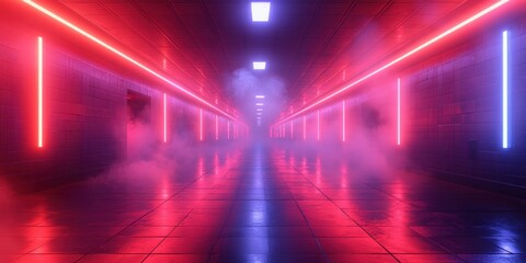 Poster - Futuristic Neon Corridor with Vibrant Lights and Reflective Floor in Cyberpunk Style 3D Rendering