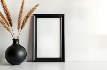 Poster - Black frame mockup on white wall. Decorative dried reeds in black vase. Minimalist home decor template. Clean modern style. Empty frame for photo poster. Trendy design. Stylish interior concept.