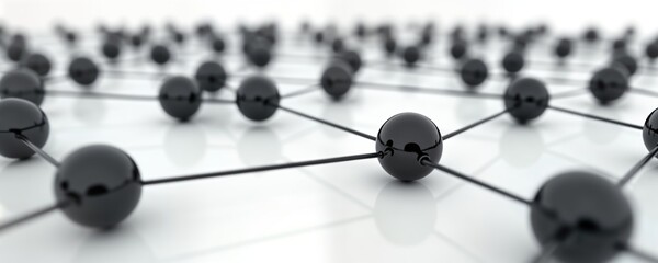 Fototapete - Abstract tech network nodes connect forming complex structure. Black spheres linked by black lines illustrate global communication. Futuristic design represents modern digital system. Innovation,