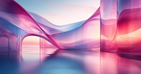 Poster - futuristic abstract composition with translucent glass shapes and soft blue purple lighting