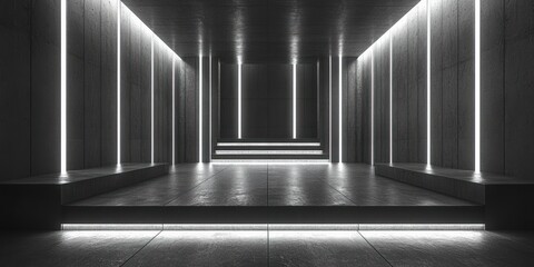 Fototapete - Modern Concrete Space with Neon Light Minimalist Industrial Design Empty Corridor Underground Studio Perspective