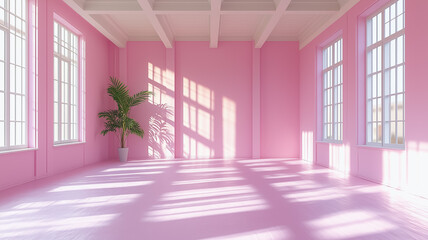 Poster - Pink Room Sunlight: Sunlight streams through large windows into a spacious pink room, illuminating the pale pink floor and walls, with a potted plant adding a touch of life. 