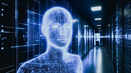 Poster - Digital Consciousness: A luminous, ethereal AI figure stands within a futuristic server room, its form composed of interconnected nodes of light.