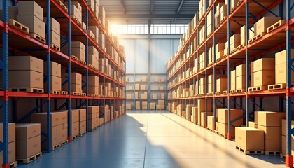 Aufkleber - Large warehouse interior. Tall metal shelves filled with cardboard boxes. Sunlight streams into space from high windows. Organized storage system shows efficiency, commercial use of space. Modern