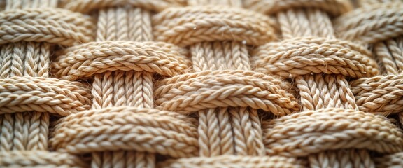 Poster - Close-up view of woven fibers creating textured pattern in neutral tones. Natural material shows craftsmanship, design details. Organic pattern suitable for home decor. Traditional textile wall art.