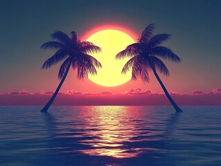 Two palm trees silhouetted against a bright orange sunset with a reflection on the water creating a tropical and serene scene with a sense of peace and tranquility.