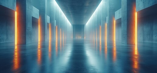 Aufkleber - Futuristic Industrial Corridor with Concrete Pillars and Metallic Floor in Minimalist Style