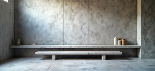 Poster - Empty studio room with gray cement walls, blank table. Modern design with concrete construction backdrop, counter shelf. Empty space for product presentation. Displaying variety of materials
