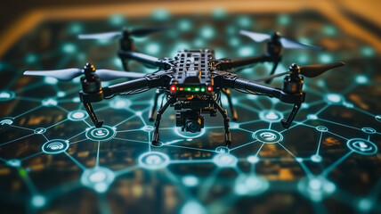 Poster - Drone Technology Network: A high-tech drone sits poised on a network map, showcasing advanced drone technology and its connectivity in a futuristic setting.