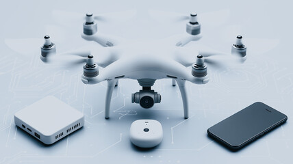Poster - Drone Technology Setup: A sophisticated white drone with its camera and accessories, including a smartphone and a small control box, arranged on a neutral surface, ready for operation.
