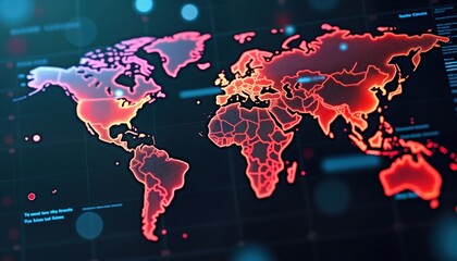 Poster - World map displays global disease spread. Analysis shows infection rate. Futuristic interface. Warning alert appears. Digital graphic exhibits global epidemic. Tech display shows contagious